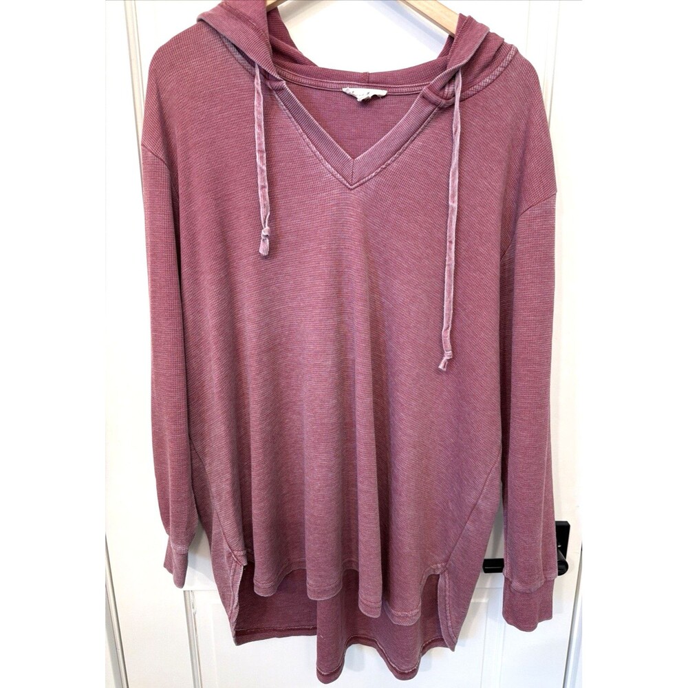 Jane & Delancey Womens 1X Hoodie Micro Waffle Distressed Red Long Sleeve Casual